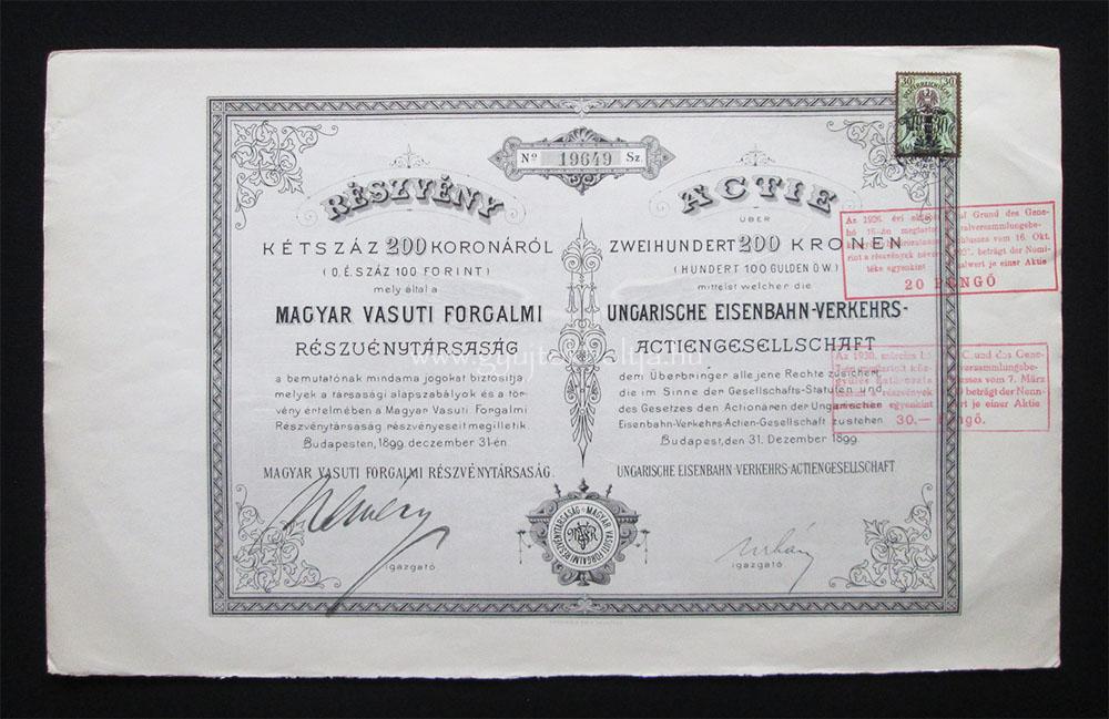 Magyar Vasúti Forgalmi Rt. részvény 200 korona 1899
